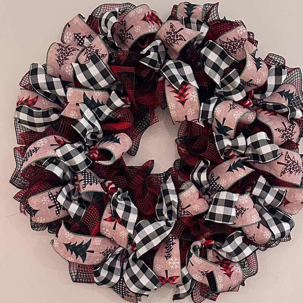 Farmhouse Tree Wreath Red Black Buffalo Check 26” Handmade
